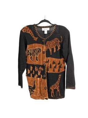 VTG Safari Sweater S 90s MomCore Black Brown Wild Animal Cardigan Buttons Tassel